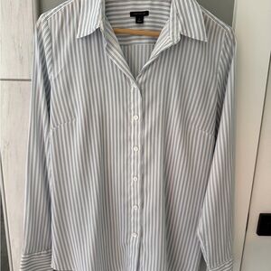 Ann Taylor Women's Casual Button Down Shirt - Light Blue and White Stripes